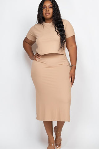 Denise Plus size Ribbed Solid Top & Midi Skirt Set